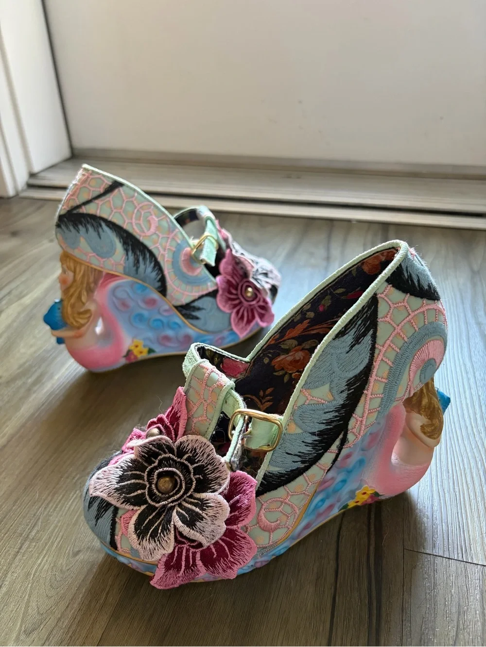 Irregular Choice - Aquata - Mermaid Floral Embroidered Mary Jane Wedge Heels